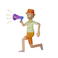 Personaje de verano 3d con ilustración de megáfono con fondo transparente png