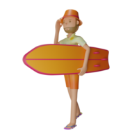 Il personaggio estivo 3d porta la tavola da surf con sfondo trasparente png