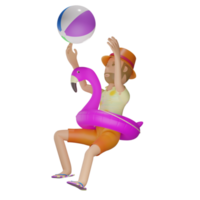 Personaje de verano en 3d con boya de flamenco y jugando a la pelota de playa con fondo transparente png