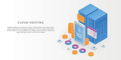 Cloud hosting concept banner, isometric style vector