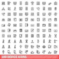 100 device icons set, outline style vector