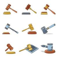 Judge hammer icons set, cartoon style