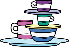 cartoon doodle of colourful bowls and plates vector