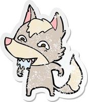 distressed sticker of a cartoon hungry wolf vector