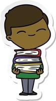 sticker of a cartoon smiling boy with stack of books vector