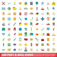 100 correos y correos, conjunto de iconos de estilo de dibujos animados vector