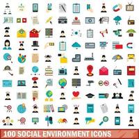 100 social environment icons set, flat style vector