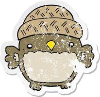 distressed sticker of a cute cartoon owl in hat vector