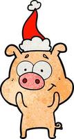 happy textured cartoon of a pig wearing santa hat vector