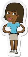 sticker of a cartoon happy woman with hands on hips vector