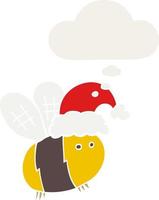 cute cartoon bee wearing christmas hat and thought bubble in retro style vector