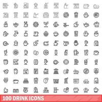 100 drink icons set, outline style vector