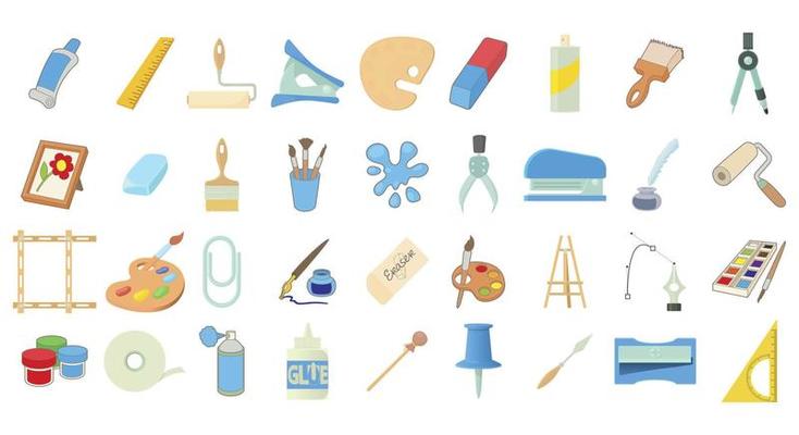 Paint tools icon set, cartoon style