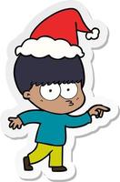 nervous sticker cartoon of a boy wearing santa hat vector