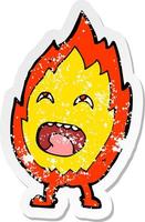 retro distressed sticker of a cartoon flame character vector