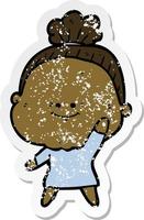 distressed sticker of a cartoon happy old woman vector