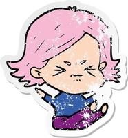 distressed sticker of a cartoon angry girl vector