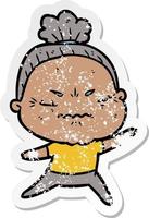 distressed sticker of a cartoon annoyed old lady vector