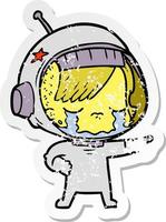 distressed sticker of a cartoon crying astronaut girl vector