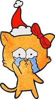 textured cartoon of a cat wearing santa hat vector