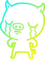 cold gradient line drawing cartoon pig crying vector