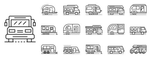 conjunto de iconos de autocaravana, estilo de contorno vector