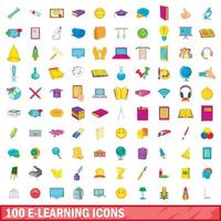 100 iconos de aprendizaje electrónico, estilo de dibujos animados vector