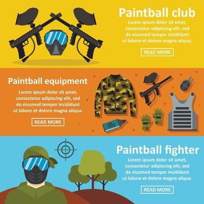 Paintball club banner horizontal set, flat style