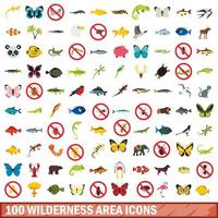100 wilderness area icons set, flat style vector