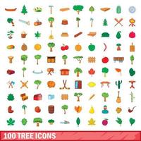 100 árbol, conjunto de iconos de estilo de dibujos animados vector