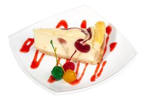 Closeup of a slice of cherry cheesecake on a white background photo