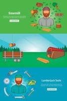 Sawmil and timber banner set template, cartoon style vector