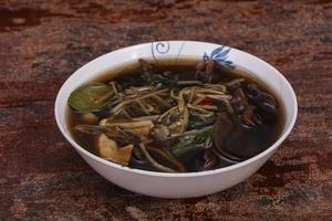 Thai style soup with meat and mushrooms photo