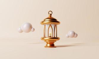 Islamic lantern with minimal lowpoly cloud on coral color background. Ramadan Kareem and Eid Mubarak concept. 3D illustration rendering photo