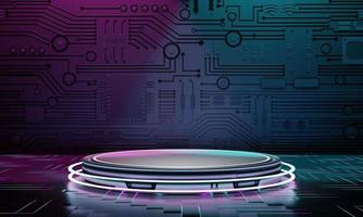 Inside spaceship laboratory with empty podium interior architecture with glowing neon for cyberpunk product presentation Technology and Scifi concept 3D illustration rendering photo