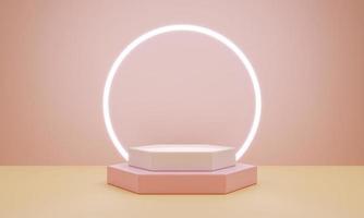 Minimal product podium stage with ring light pastel pink coral color and geometric hexagon shape for presentation background. Abstract background and decoration template. 3D illustration rendering photo