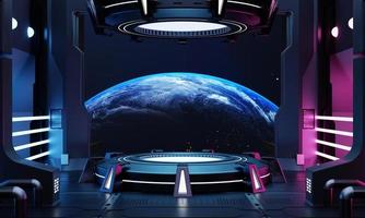 escaparate de podio de productos de ciencia ficción en una sala de nave espacial vacía con fondo azul de la tierra. tecnología espacial de neón de color azul y rosa cyberpunk y concepto de objeto de entretenimiento. representación de ilustración 3d foto
