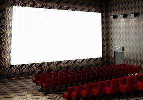 Blank white luminous cinema movie theatre screen with realistic red rows of seats and chairs with empty copy space background. Movie premiere and Entertainment concept. 3D illustration rendering photo