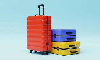 maletas con ruedas de colores sobre fondo azul claro. objeto de viaje y concepto de pasión por los viajes. representación de ilustración 3d foto