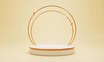 Minimal product podium stage with yellow pastel color and golden ring frame in geometric shape for presentation background. Abstract background and decoration scene template. 3D illustration rendering photo