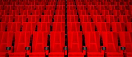 Rows of red velvet seats watching movies in the cinema with copy space banner background. Entertainment and Theater concept. 3D illustration rendering photo