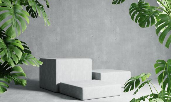 Three rectangle podiums in grey loft color background with Monstera plant foreground. Abstract wallpaper template element and architecture interior object concept.3D illustration rendering photo