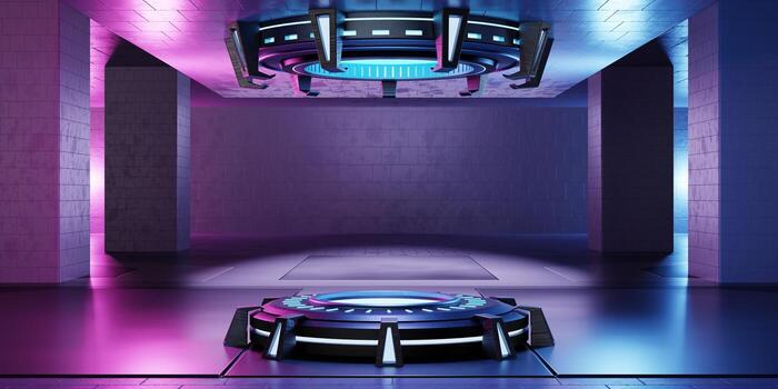 Inside spaceship laboratory with empty podium interior architecture with glowing neon for cyberpunk product presentation. Technology and Sci-fi concept. 3D illustration rendering photo