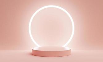 Minimal product podium stage with ring light pastel pink coral color and geometric shape for presentation background. Abstract background and decoration scene template. 3D illustration rendering photo