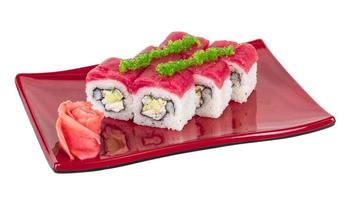 Maki Sushi - Roll made of Crab, avocado, cucumber inside. Fresh Tuna and tobico roe outside photo