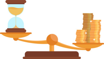 Balance scale with gold coins and hourglass png