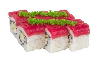 Maki Sushi - Roll made of Crab, avocado, cucumber inside. Fresh Tuna and tobico roe outside photo