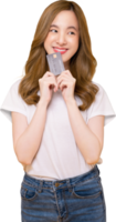 woman in white t-shirt and holding mockup credit card. png