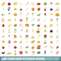 100 food and kitchen icons set, cartoon style vector