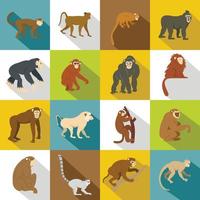 Monkey types icons set, flat style vector